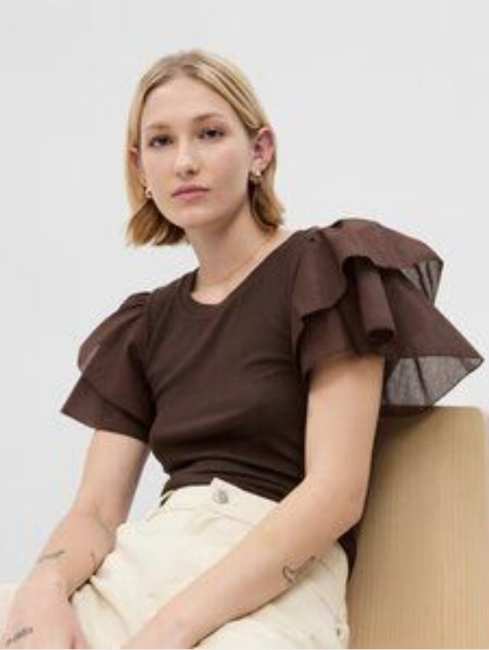 GAP Chocolate Brown Whimsical  Flutter-Sleeve Ribbed Tee